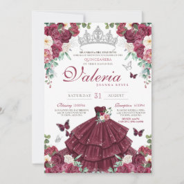 Butterfly Burgundy Red Silver Floral Quinceañera Einladung