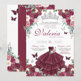 Butterfly Burgundy Red Silver Floral Quinceañera Einladung