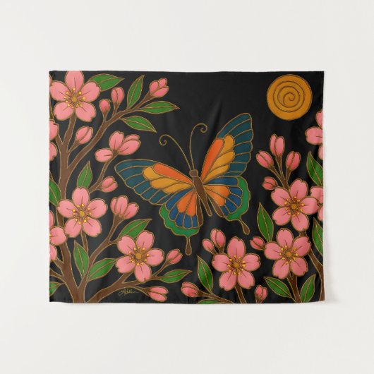 Butterfly Cherry Blossom Moon Wandteppich (Vorderseite (Horizontal))