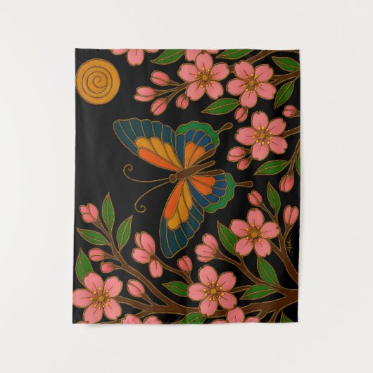 Butterfly Cherry Blossom Moon Wandteppich (Vorderseite)