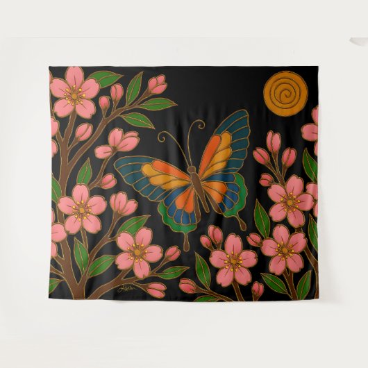 Butterfly Cherry Blossom Moon Wandteppich (Vorderseite (Horizontal))