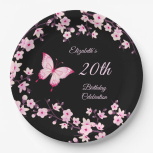 Butterfly Cherry Blossoms Pink Black Customizable  Pappteller