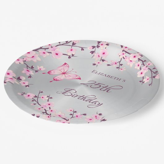 Butterfly Cherry blüht rosa Silberpapier Teller (Schrägansicht)