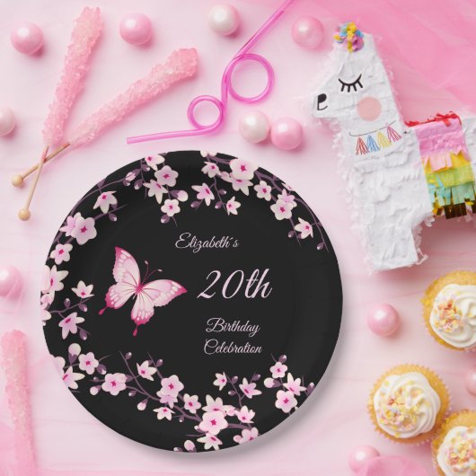 Butterfly Cherry Blüten Rosa Schwarz individuell a Pappteller (Party)