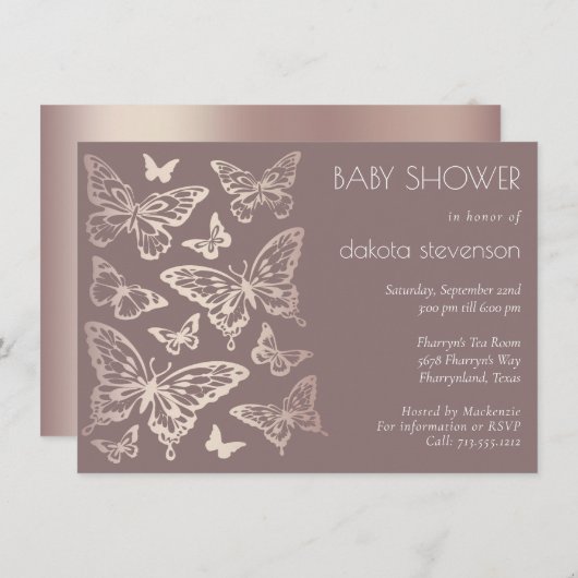 Butterfly Chic Baby Dusche | Kupfer-Rose Gold Einladung (Vorne/Hinten)