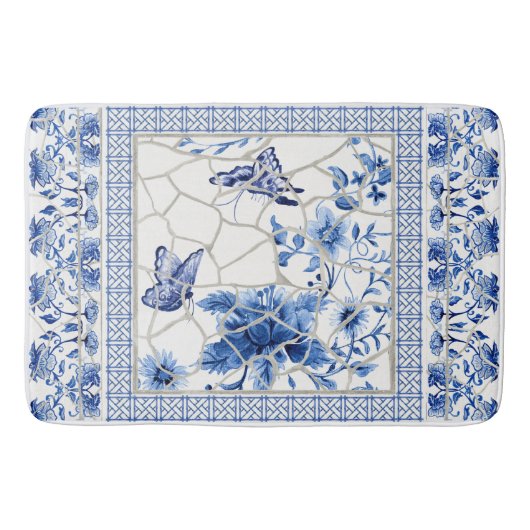 Butterfly Chinoiserie Chic Floral Leaf Blau Weiß Badematte (Vorderseite)