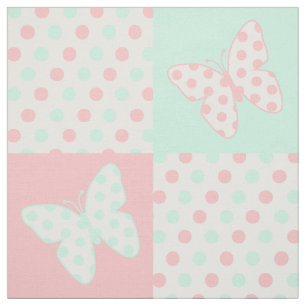 Butterfly Coral Pink Mint Green Polka Docks Stoff