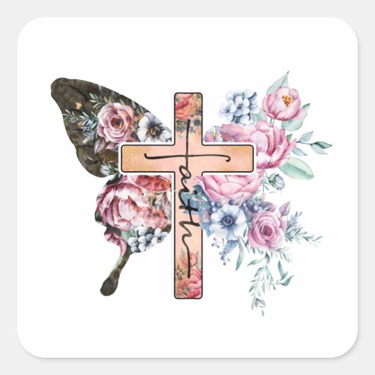 Butterfly Cross Faith floral Quadratischer Aufkleber (Vorderseite)