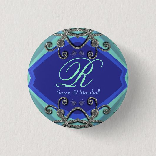 Butterfly Curles Aqua+Blue Monogram Button (Vorderseite)