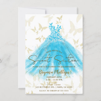Butterfly Dance Aqua Blue Dress Gold Sweet 16 Einladung