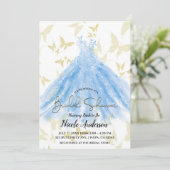 Butterfly Dance Blue Dress Gold Brautparty Invi Einladung (Stehend Vorderseite)