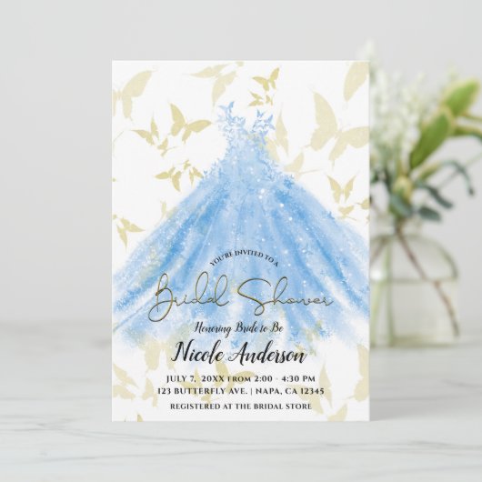 Butterfly Dance Blue Dress Gold Brautparty Invi Einladung (Stehend Vorderseite)