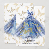 Butterfly Dance Blue Dress Gold Sweet 16 Einladung (Vorne/Hinten)
