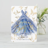 Butterfly Dance Blue Dress Gold Sweet 16 Einladung (Stehend Vorderseite)