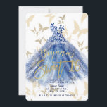 Butterfly Dance Blue Dress Gold Sweet 16 Einladung<br><div class="desc">Anpassen für jedes Ereignis</div>
