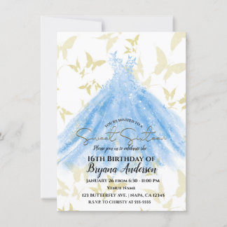 Butterfly Dance Blue Dress Gold Sweet 16 Party Inv Einladung