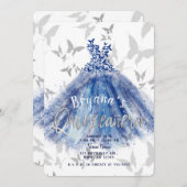 Butterfly Dance Blue Dress Silver Quinceñera 15 Einladung (Vorne/Hinten)