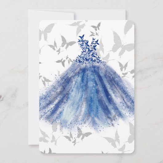 Butterfly Dance Blue Dress Silver Sweet 16 Einladung (Rückseite)
