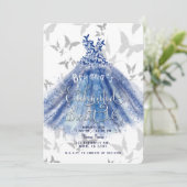 Butterfly Dance Blue Dress Silver Sweet 16 Einladung (Stehend Vorderseite)