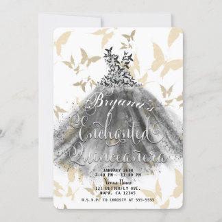 Butterfly Dance Dress Black & Gold 15 Quinceañera Einladung