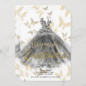 Butterfly Dance Dress Black & Gold Quinceñera 15 Einladung (Vorne/Hinten)
