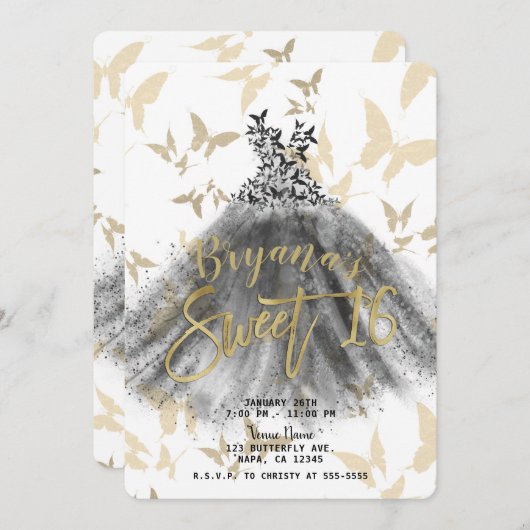 Butterfly Dance Dress Black & Gold Sweet 16 Einladung (Vorne/Hinten)