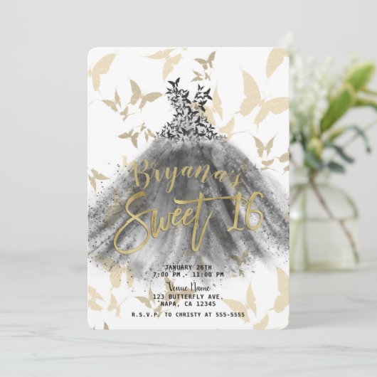 Butterfly Dance Dress Black & Gold Sweet 16 Einladung (Stehend Vorderseite)