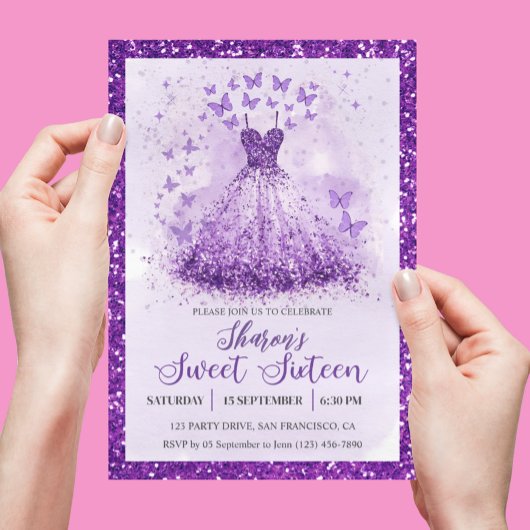 Butterfly Dance Glitter Purple Dress Sweet 16 Einladung