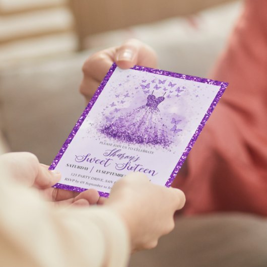 Butterfly Dance Glitter Purple Dress Sweet 16 Einladung