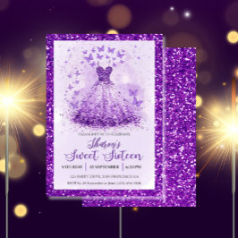 Butterfly Dance Glitter Purple Dress Sweet 16  Einladung