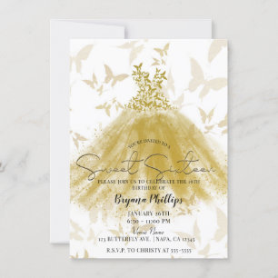 Butterfly Dance Gold Sparkle Dress Sweet 16 Party Einladung