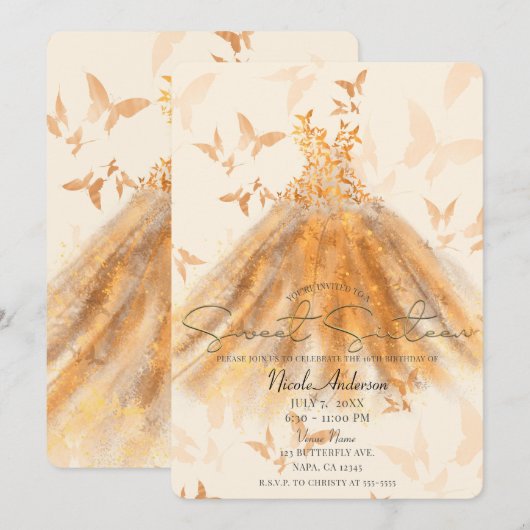 Butterfly Dance Orange Sparkle Dress Sweet 16 Einladung (Vorne/Hinten)