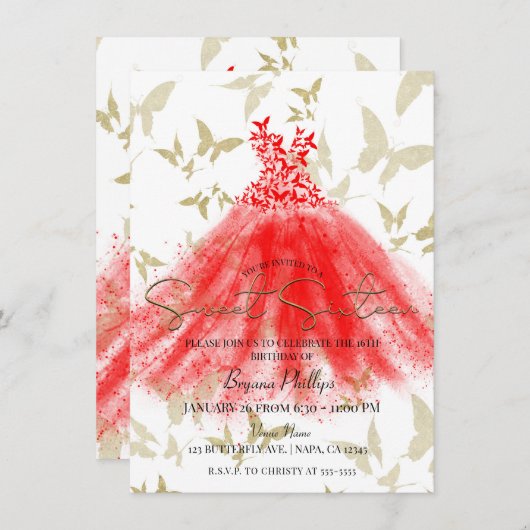 Butterfly Dance Red Dress Gold Sweet 16 Party Einladung (Vorne/Hinten)