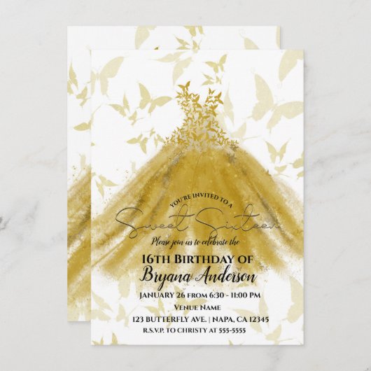 Butterfly Dance Yellow Gold Dress Gold Sweet 16 Einladung (Vorne/Hinten)