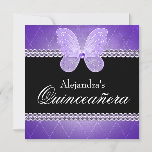 Butterfly Diamonds Lila Quinceanera Einladung (Vorderseite)