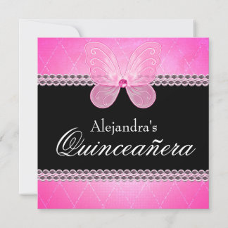 Butterfly Diamonds Pink Quinceanera Einladung
