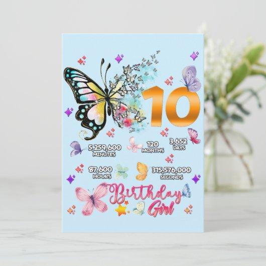 Butterfly Double Digits 10 Jahre alte Schmetterlin Einladung (Stehend Vorderseite)