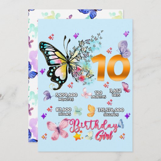 Butterfly Double Digits 10 Jahre alte Schmetterlin Einladung (Vorne/Hinten)
