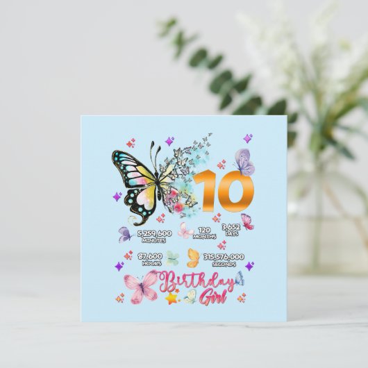 Butterfly Double Digits 10 Jahre alte Schmetterlin Einladung (Stehend Vorderseite)