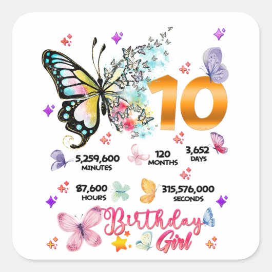 Butterfly Double Digits 10 Jahre alte Schmetterlin Quadratischer Aufkleber (Vorderseite)