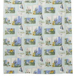 Butterfly Dragonfly n Bird Daisy Delphinium Blume Duschvorhang