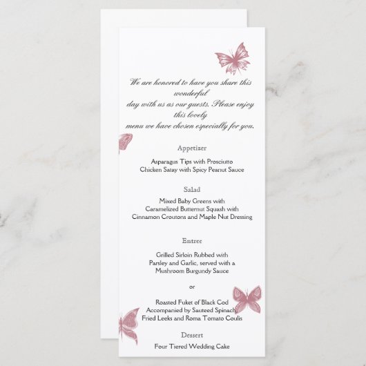 Butterfly Dreams: Dusty Rose Wedding Menu Menükarte (Vorne/Hinten)