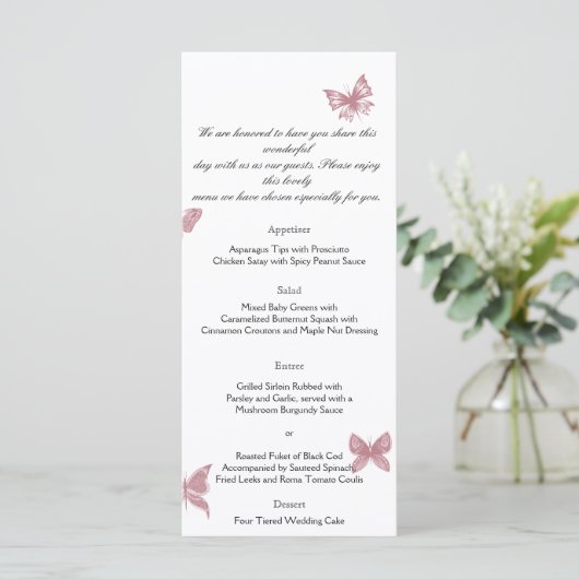 Butterfly Dreams: Dusty Rose Wedding Menu Menükarte (Stehend Vorderseite)