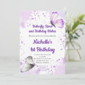 Butterfly-Einladung, Erster Geburtstag, Lila Einladung (Stehend Vorderseite)