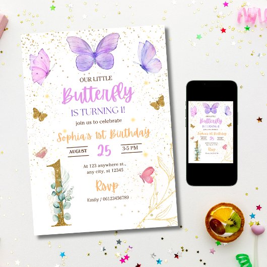 Butterfly Einladung zum 1. Geburtstag, Mädchen zum