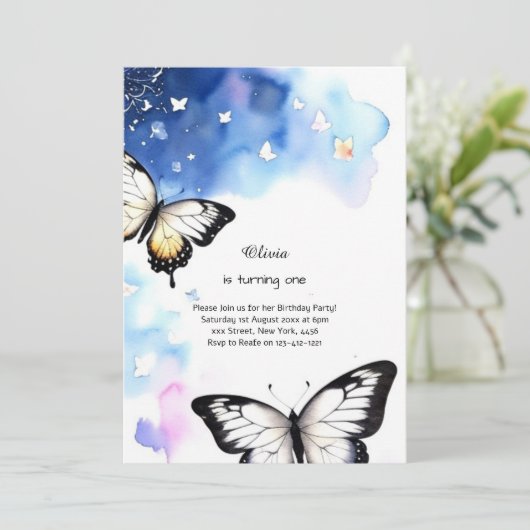 Butterfly Einladung zum ersten Geburtstag (Stehend Vorderseite)