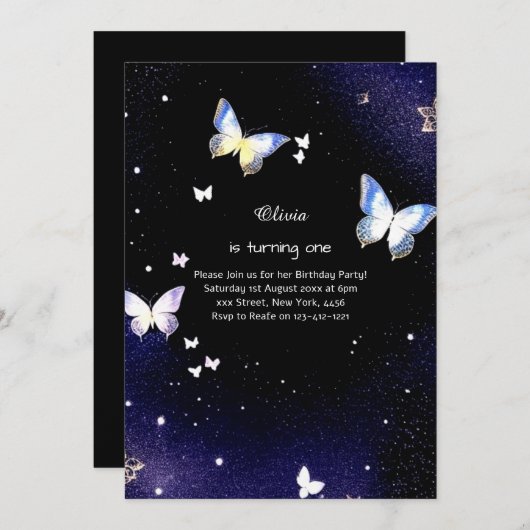 Butterfly Einladung zum ersten Geburtstag (Vorne/Hinten)