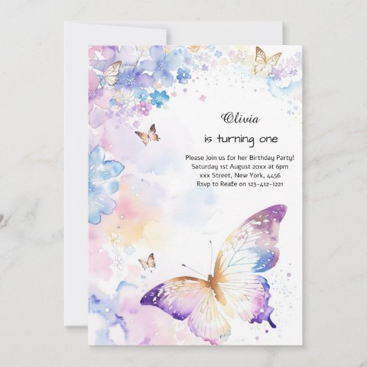 Butterfly Einladung zum ersten Geburtstag (Vorderseite)