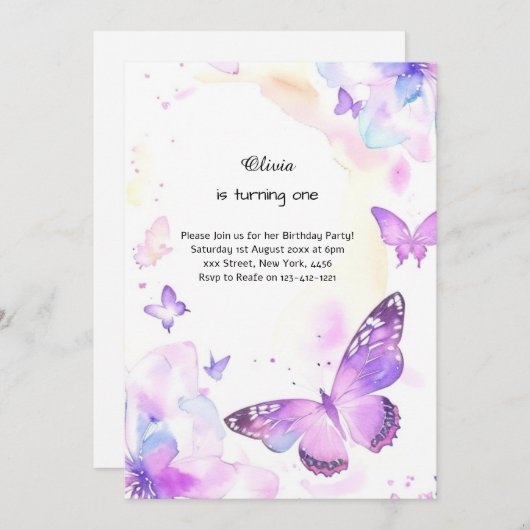 Butterfly Einladung zum ersten Geburtstag (Vorne/Hinten)