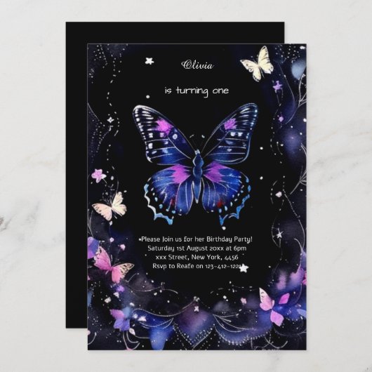 Butterfly Einladung zum ersten Geburtstag (Vorne/Hinten)